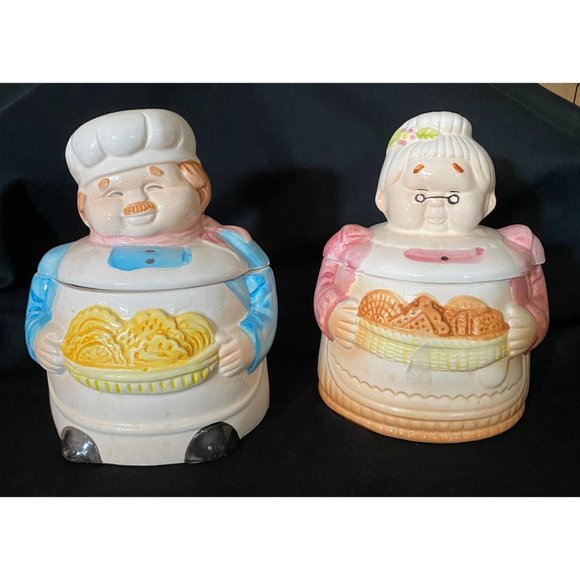 Vintage Porcelain Grandma Grandpa Baker Containers Jars with Lids - Picture 1 of 10